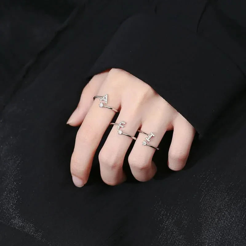 Diamond Initial Letter Silver Ring