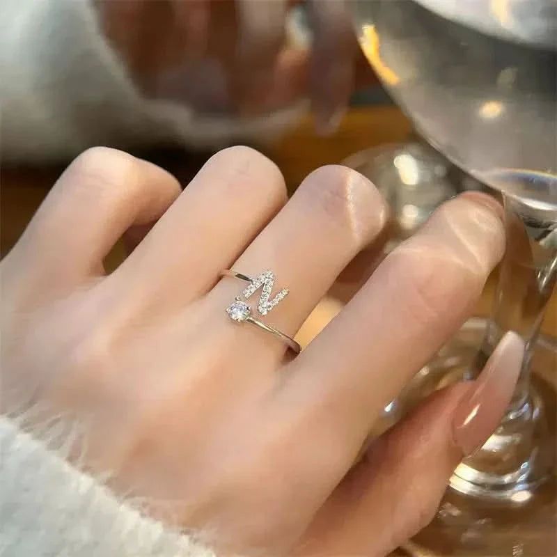 Diamond Initial Letter Silver Ring